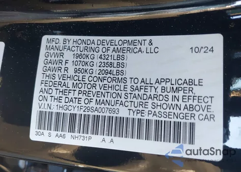 2025 Honda Accord Lx из США, поврежденный, VIN 1HGCY1F29SA007693